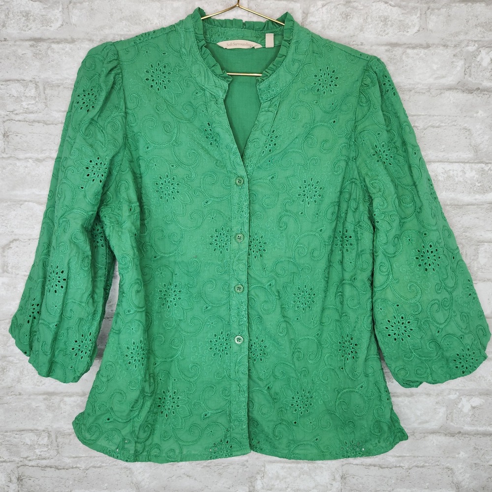 Soft Surroundings Eyelet Top Green Balloon Sleeve Cottagecore Boho Size XS